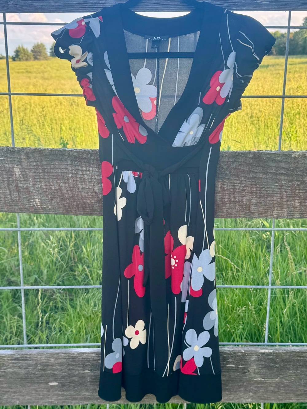 I.N.‎ San Francisco Floral Faux Wrap Dress Womens Small Black Pink Blue Made USA